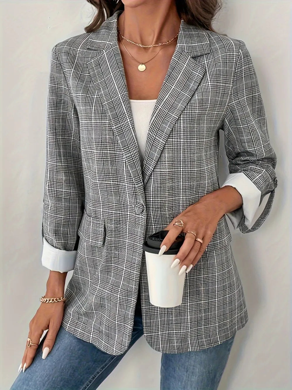 ALYA – Blazer à Carreaux Col Revers