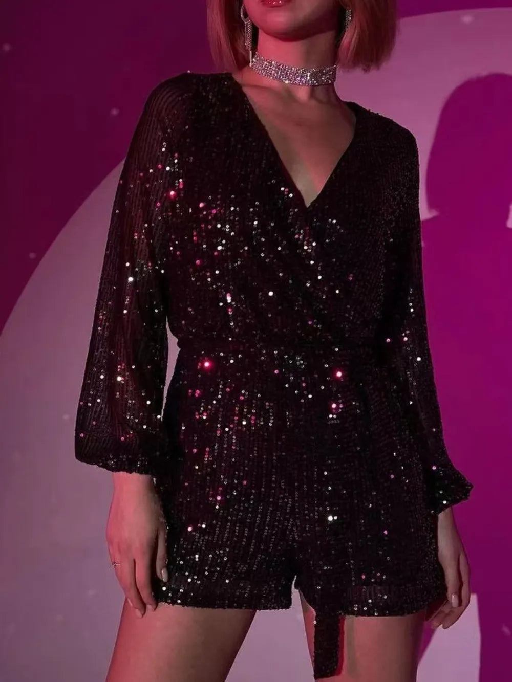 LEYNA – Combishort Ceinturé à Sequins