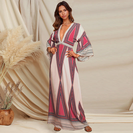 MEHNA – Robe Longue Imprimée Col V