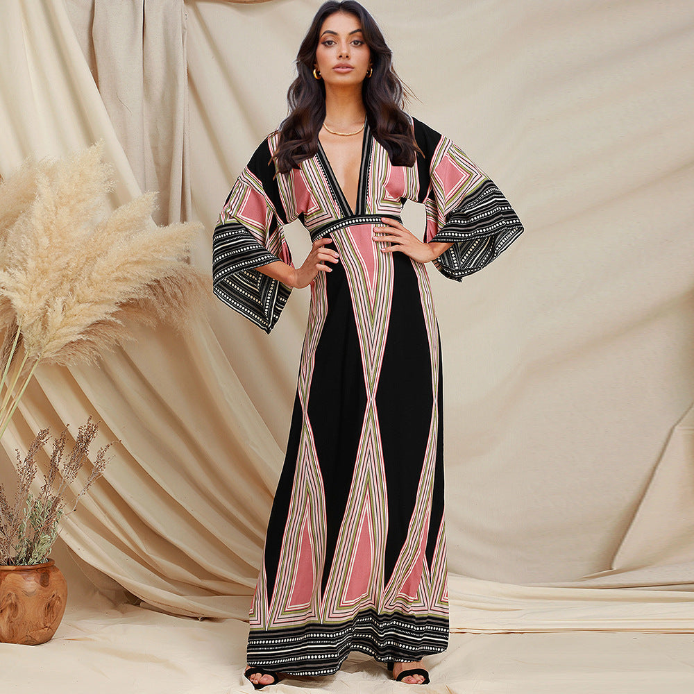 MEHNA – Robe Longue Imprimée Col V