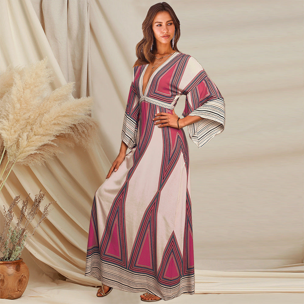MEHNA – Robe Longue Imprimée Col V